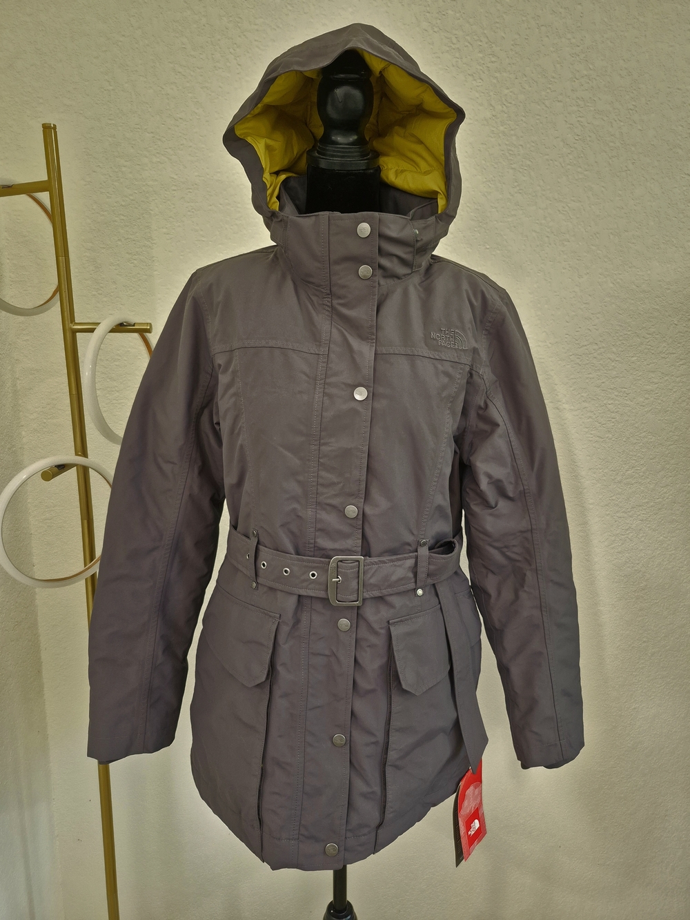 The North Face Womens Hooded Belted Winter Coat - Slate Gray with Yellow Lining